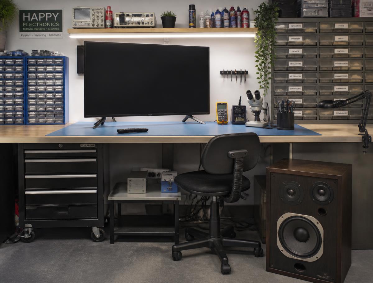 Clean organised electronics repair workbench with labelled parts bins