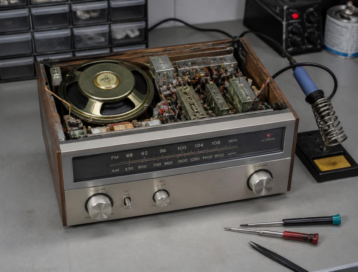 Radio opened on a repair bench beside a soldering iron