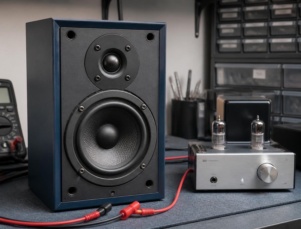 Bookshelf speaker being tested with an amplifier and test leads