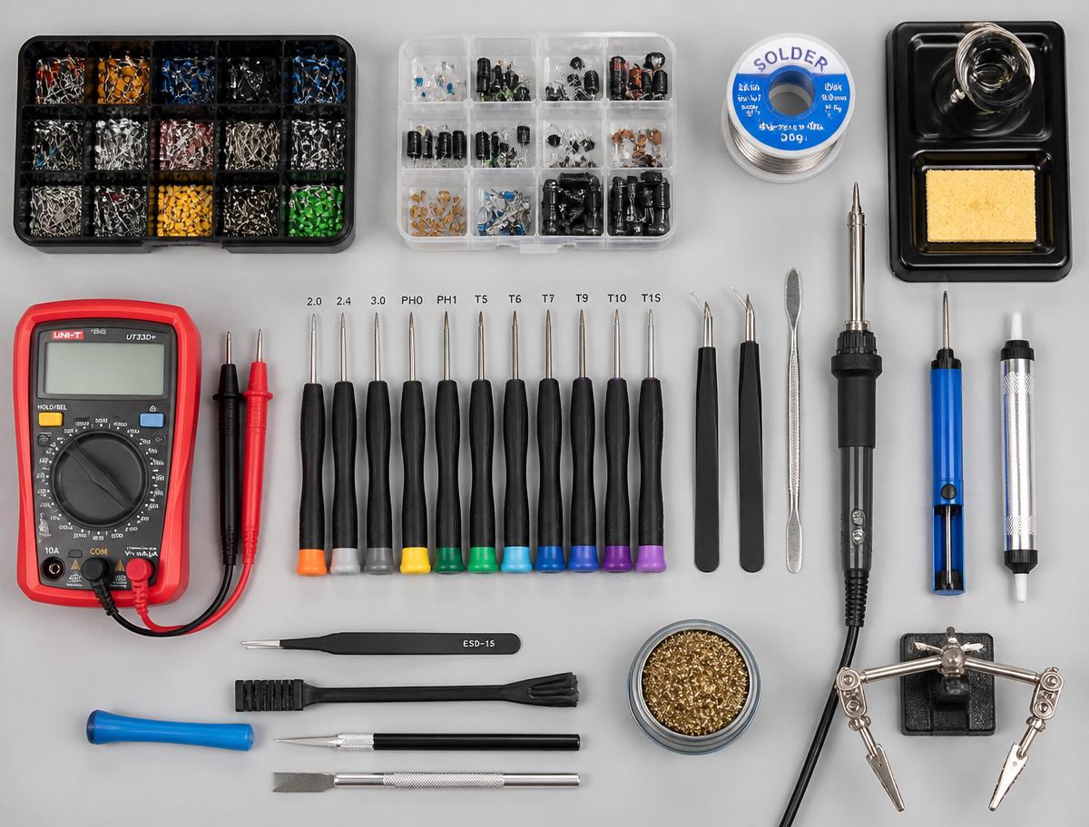 Repair tools and electronic parts laid out on a workbench
