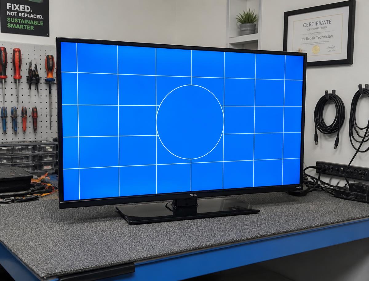 Repaired television switched on showing a clear test pattern